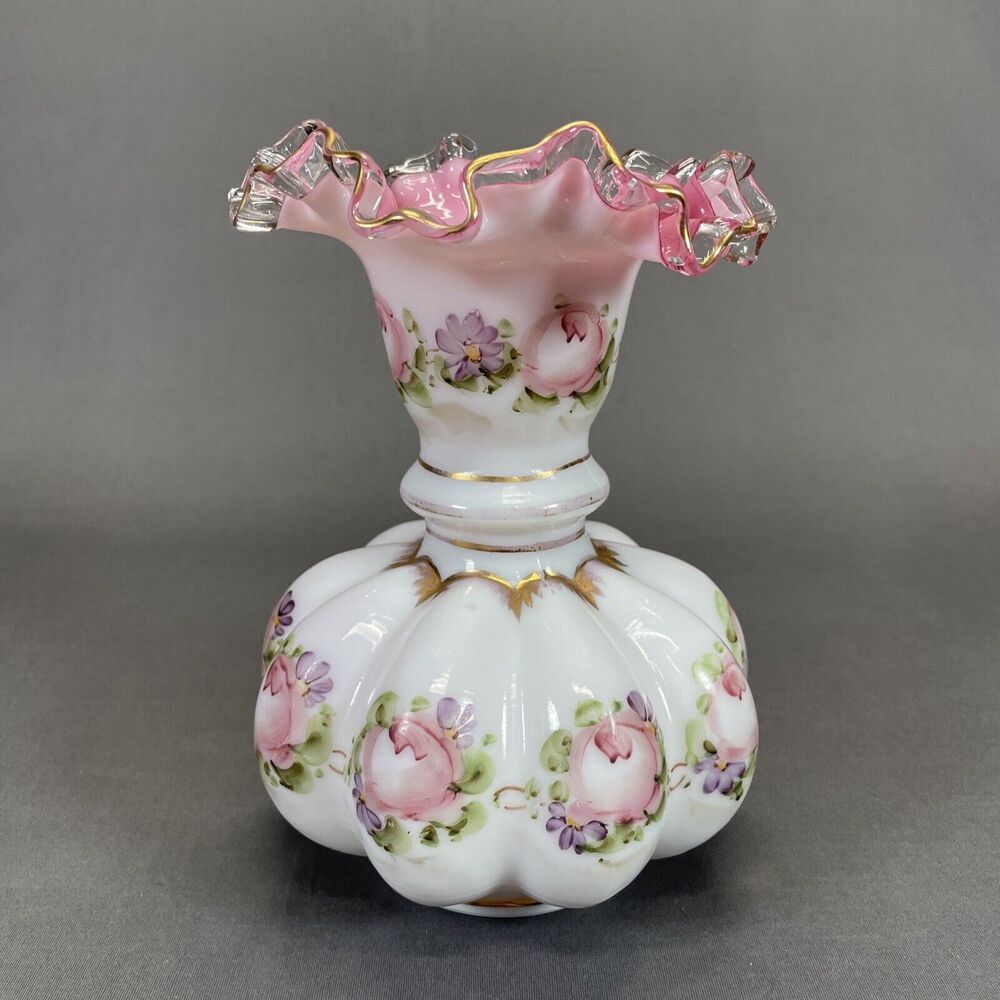 Fenton Art Glass Charleton Vase 8 1/4" Double Crimped Pink White Ruffled Edge